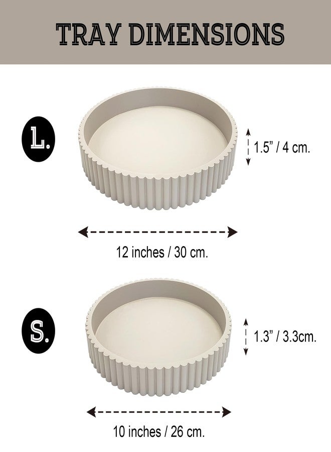 Buecasa Modern Table Round Decorative Trays 2pcs Home Decor - Circle Coffee Table Centerpiece Set 12"/10" - Warm Grey Concrete Tray with Fluted Edge - Image 2
