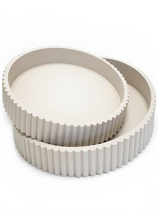 Buecasa Modern Table Round Decorative Trays 2pcs Home Decor - Circle Coffee Table Centerpiece Set 12"/10" - Warm Grey Concrete Tray with Fluted Edge - Image 1