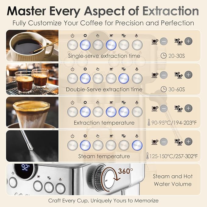 20-Bar Espresso Machine & Cafetera Espresso  Fully Customizable Brewing (Temperature, Time, Volume, Steam)  Steam Wand & Milk Frother, Stainless Steel  Latte Machine & Cappuccino Machine - Image 3