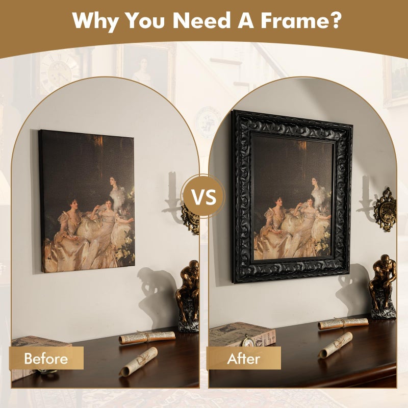 FOLKOR Vintage Canvas Frame for 18x24 Art Prints Oil Paintings, 2.6" Wide DIY Wood Ornate Open Back Wall Frames for Gothic Landscape Family Animal Memorial Portraits, No Glass & Back (Black) - Image 5