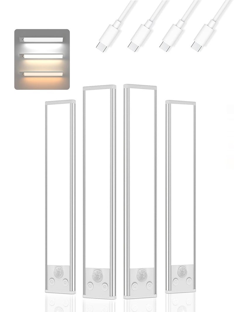 xinp Under Cabinet Lighting 3 Color Magnetic Motion Sensor Light Indoor 4 Pack USB Rechargeable Closet Lights 2500mAh Battery Operated Wireless Dimmable Under Counter Light Bar for KitchenHallway - Image 1