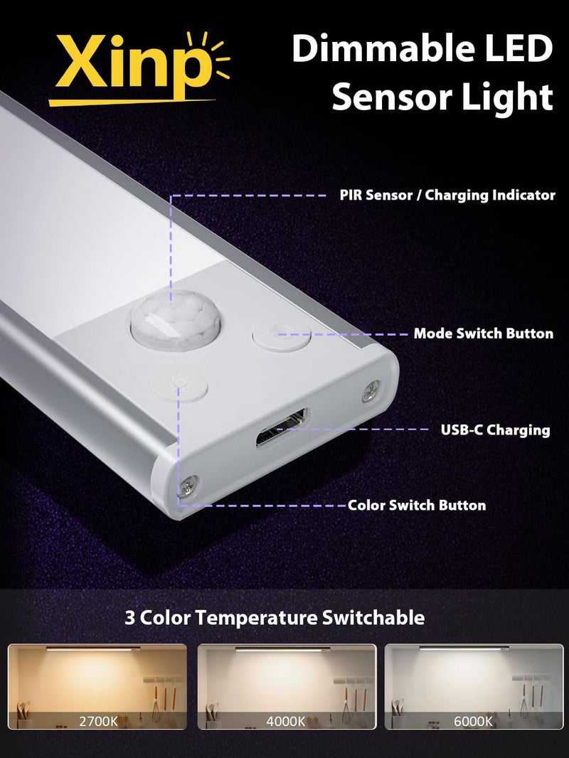 xinp Under Cabinet Lighting 3 Color Magnetic Motion Sensor Light Indoor 4 Pack USB Rechargeable Closet Lights 2500mAh Battery Operated Wireless Dimmable Under Counter Light Bar for KitchenHallway - Image 3