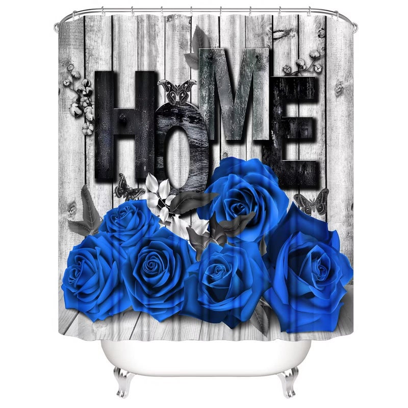Yddsky Blue Rose Valentines 4 Pcs Shower Curtain Sets Non-Slip Rugs Bath Mat Toilet Cover U Shaped Mat Romantic Blue Bathroom Decor with 12 Hooks Valentines Day Bathroom Set - Image 3