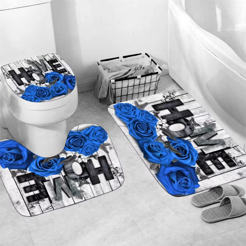 Yddsky Blue Rose Valentines 4 Pcs Shower Curtain Sets Non-Slip Rugs Bath Mat Toilet Cover U Shaped Mat Romantic Blue Bathroom Decor with 12 Hooks Valentines Day Bathroom Set - Image 4