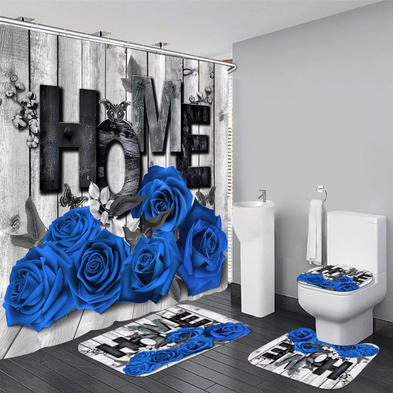 Yddsky Blue Rose Valentines 4 Pcs Shower Curtain Sets Non-Slip Rugs Bath Mat Toilet Cover U Shaped Mat Romantic Blue Bathroom Decor with 12 Hooks Valentines Day Bathroom Set - Image 1