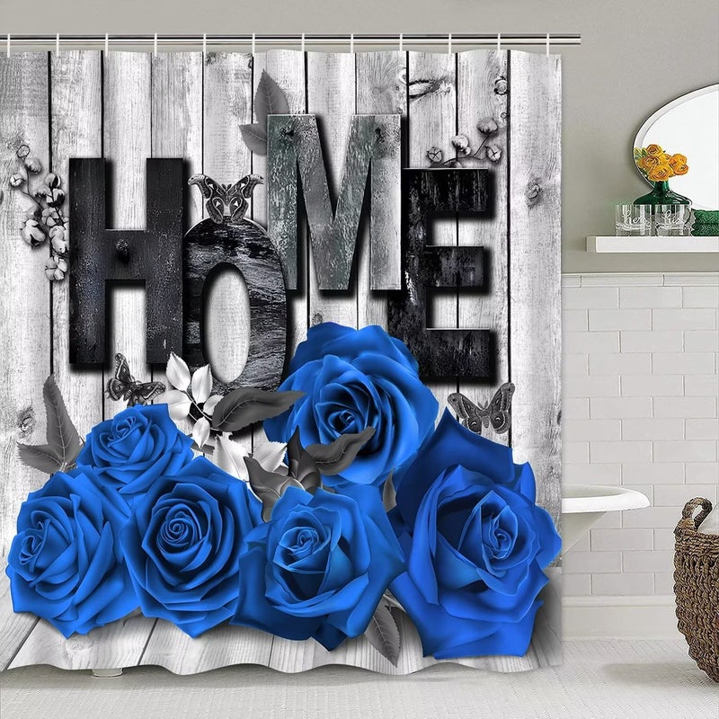 Yddsky Blue Rose Valentines 4 Pcs Shower Curtain Sets Non-Slip Rugs Bath Mat Toilet Cover U Shaped Mat Romantic Blue Bathroom Decor with 12 Hooks Valentines Day Bathroom Set - Image 2