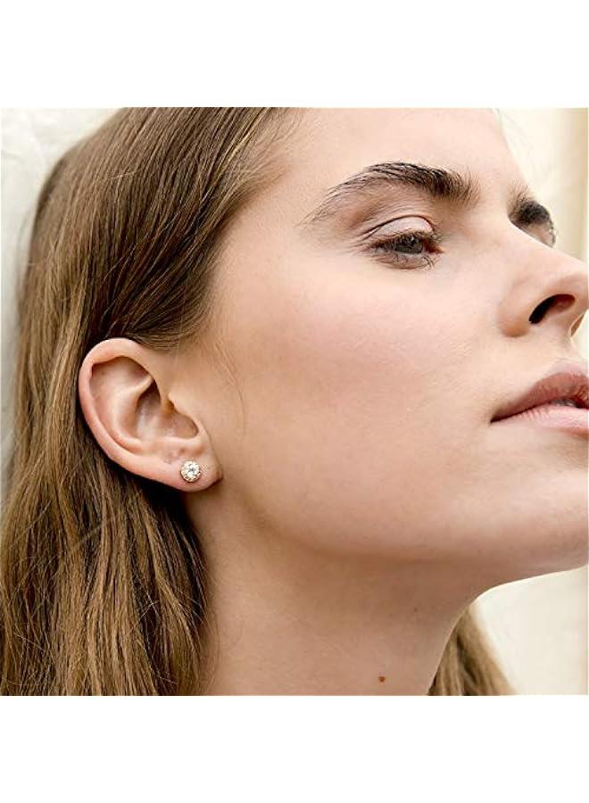 Gold Plated Sterling Silver Post Brilliant Round Faux Diamond Halo Earrings - Premium Cubic Zirconia in Rose Gold, White Gold and Yellow Gold - Image 4