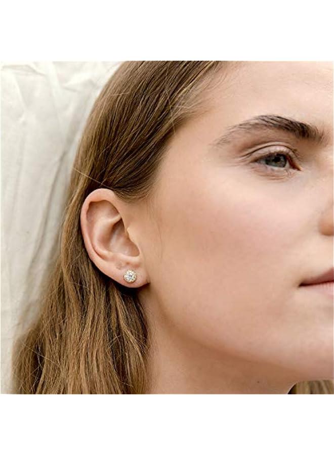 Gold Plated Sterling Silver Post Brilliant Round Faux Diamond Halo Earrings - Premium Cubic Zirconia in Rose Gold, White Gold and Yellow Gold - Image 2