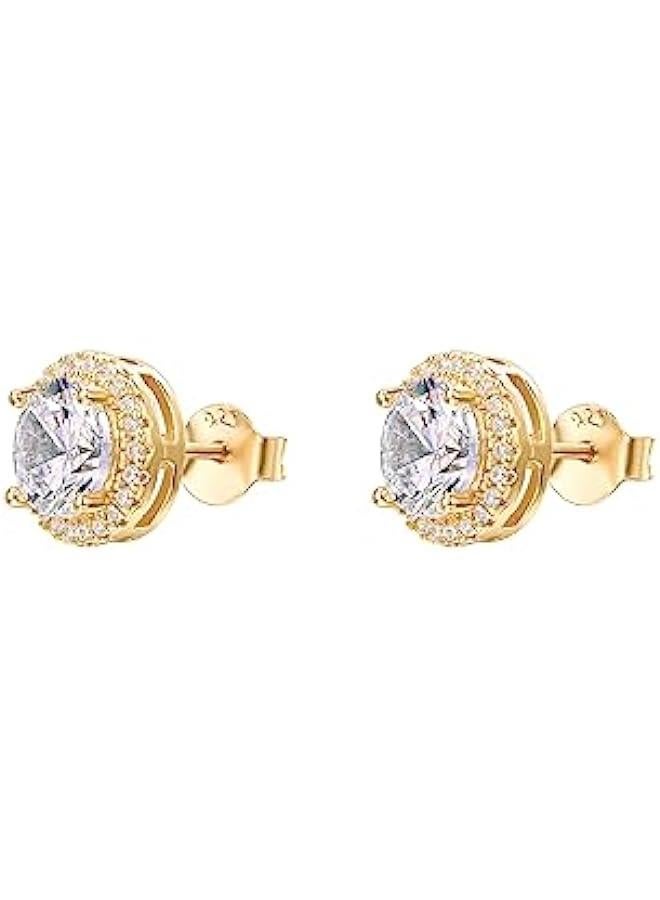 Gold Plated Sterling Silver Post Brilliant Round Faux Diamond Halo Earrings - Premium Cubic Zirconia in Rose Gold, White Gold and Yellow Gold - Image 3