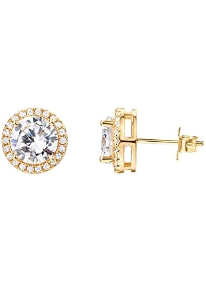 Gold Plated Sterling Silver Post Brilliant Round Faux Diamond Halo Earrings - Premium Cubic Zirconia in Rose Gold, White Gold and Yellow Gold - Image 1
