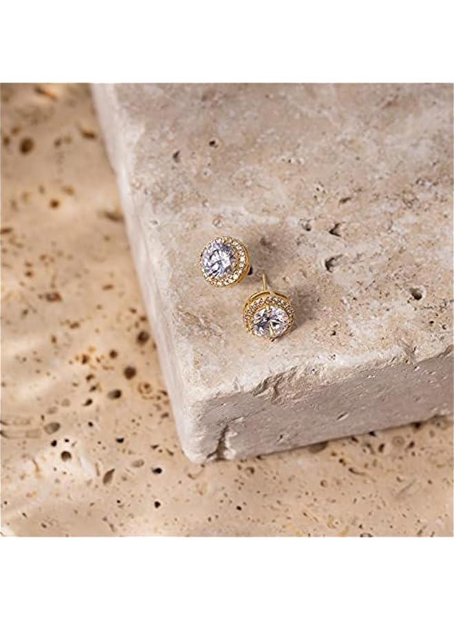 Gold Plated Sterling Silver Post Brilliant Round Faux Diamond Halo Earrings - Premium Cubic Zirconia in Rose Gold, White Gold and Yellow Gold - Image 5