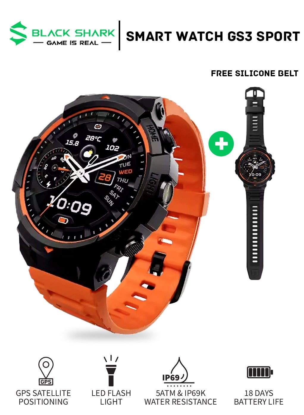 BLACK SHARK GS3 Sports Smartwatch, Two Dual Tone Straps, 1.43’’ AMOLED Display, LED Flashlight, 18 Days Long Battery Life, 5ATM Water Resistance. 120 Sport Modes, Built-in GPS, Health Tracking Watch - Black/Orange