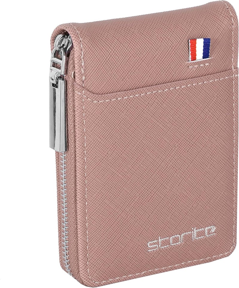 Storite PU Leather 9 Slot Vertical Credit Debit Card Holder Money Wallet Zipper Coin Purse for Men Women (Peach Pink - 11.5 x 2 x 8 Cm) - Image 1