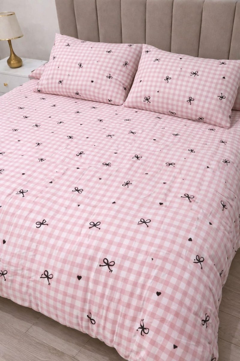 Cotton Duvet Cover Rose Checkered Design With Ties 220x240cm With Two Pillow 50x70cm Zipper