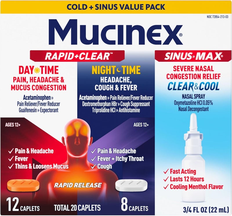 MUCINEX موسينكس رابد كلير أقصى قوة دواء البرد والإنفلونزا للبالغين 20 قرص  بخاخ تخفيف ضغط الجيوب الأنفية 0.75 أونصة عبوة مجموعة أدوية بدون وصفة طبية لتخفيف الأعراض - Image 1