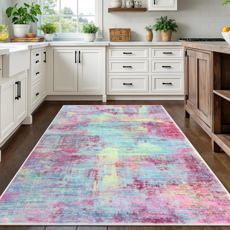 IOHOUZE Abstract Area Rugs 5x7 Ft Washable Rugs for Living Room, Non Slip Dining Room Rug, Printed Faux Wool Rugs for Bedroom, Floor Carpet for Office Nursery Playroom, Pink Teal - Image 2