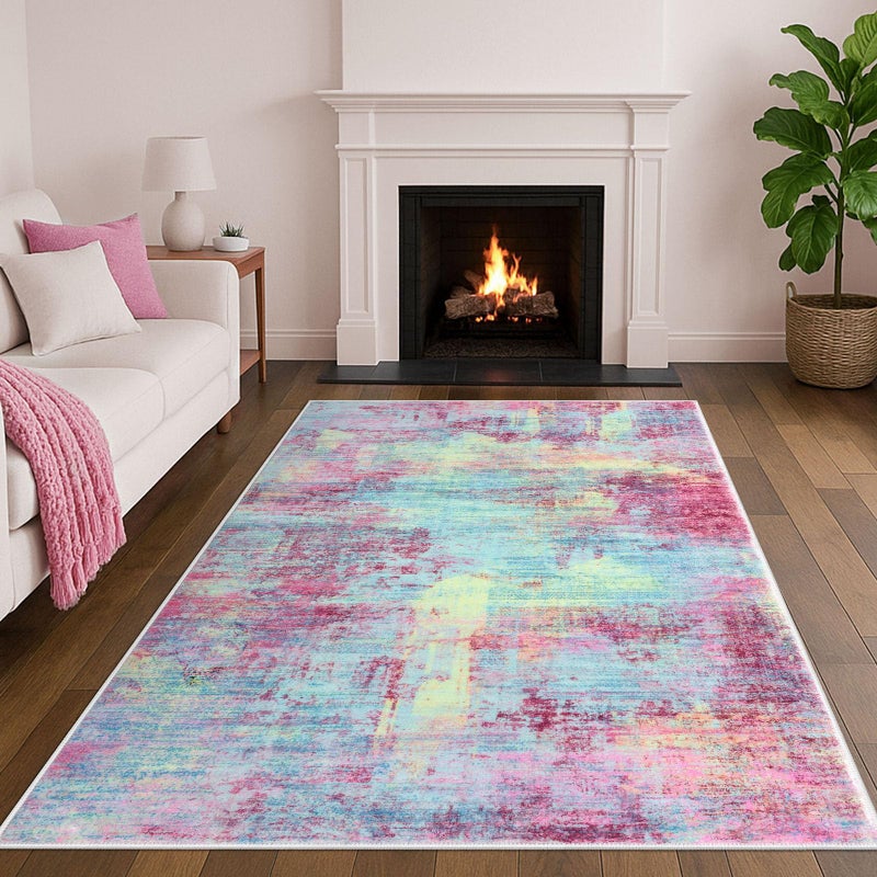 IOHOUZE Abstract Area Rugs 5x7 Ft Washable Rugs for Living Room, Non Slip Dining Room Rug, Printed Faux Wool Rugs for Bedroom, Floor Carpet for Office Nursery Playroom, Pink Teal - Image 1