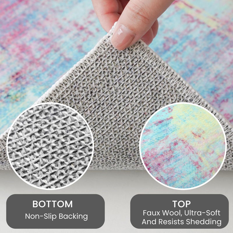 IOHOUZE Abstract Area Rugs 5x7 Ft Washable Rugs for Living Room, Non Slip Dining Room Rug, Printed Faux Wool Rugs for Bedroom, Floor Carpet for Office Nursery Playroom, Pink Teal - Image 4