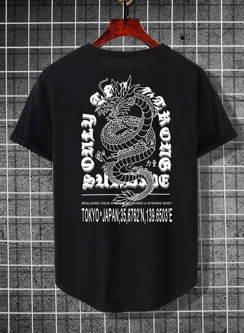 Men Slogan & Chinese Dragon Graphic High Low Hem Tee - Image 1