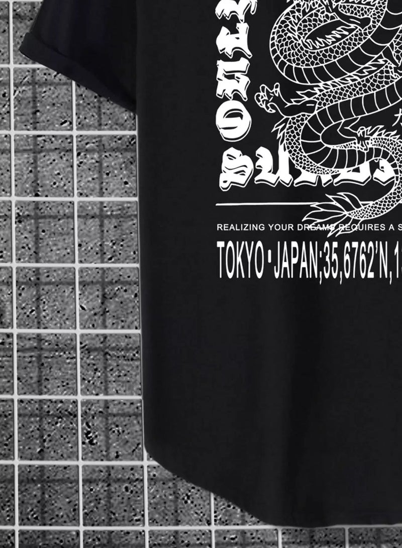 Men Slogan & Chinese Dragon Graphic High Low Hem Tee - Image 4