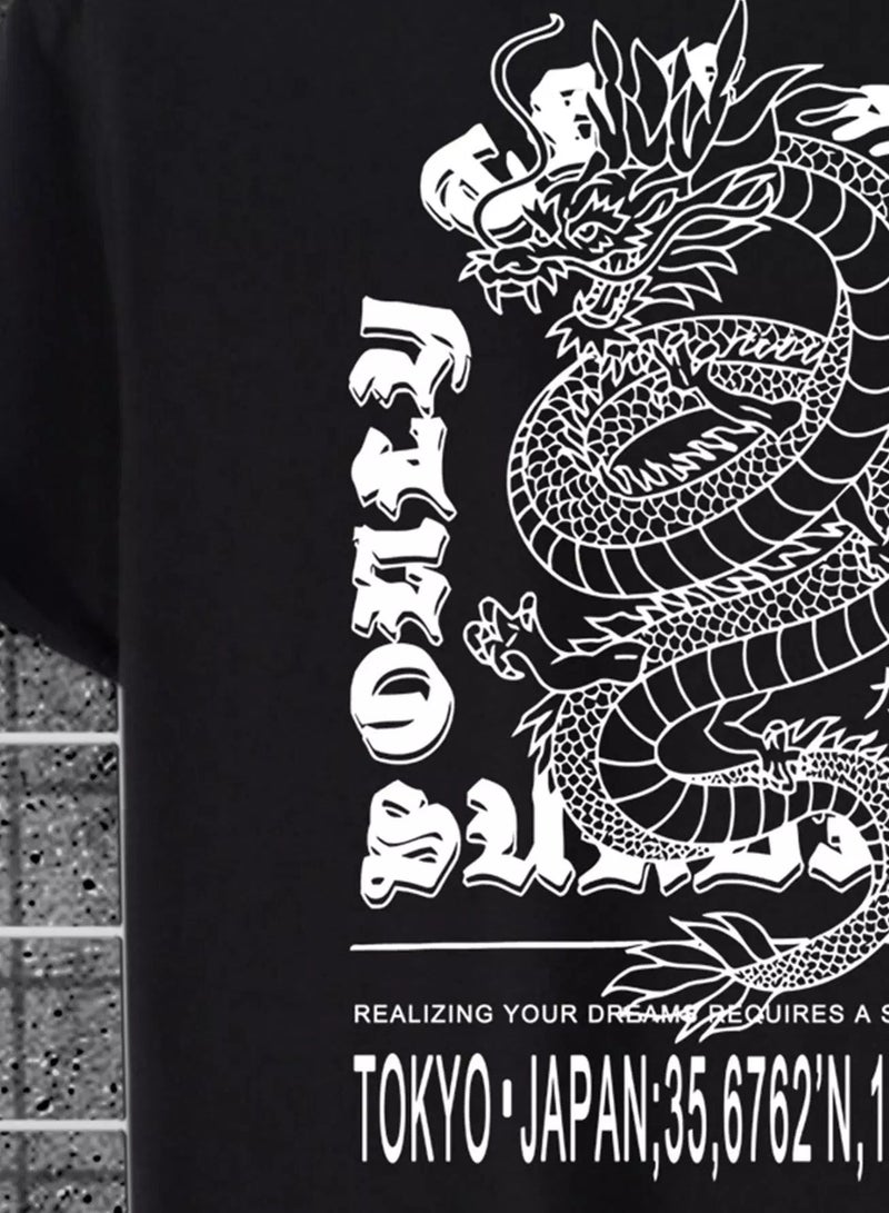 Men Slogan & Chinese Dragon Graphic High Low Hem Tee - Image 5