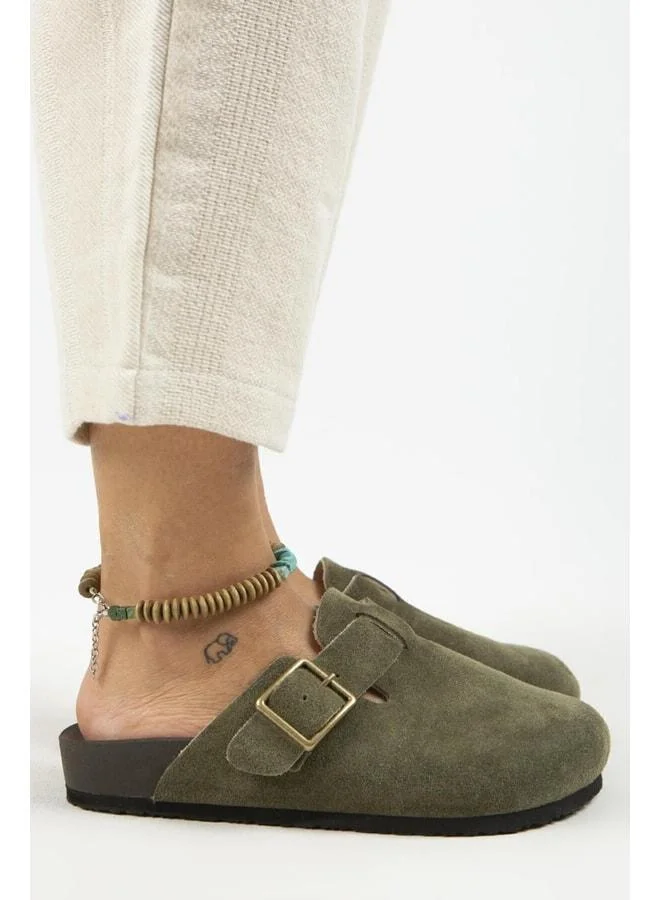 Zeta 2 Women's Genuine Leather Clogs with Buckle and Belt, Khaki - Khaki