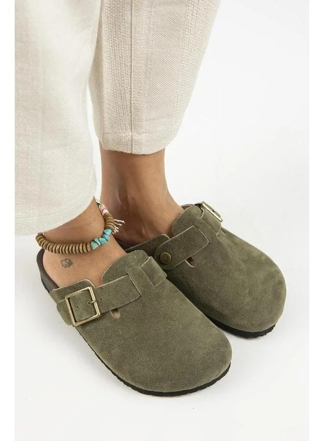 Manijero  Zeta 2 Women's Genuine Leather Clogs with Buckle and Belt, Khaki - Khaki for Women | Best Price UAE