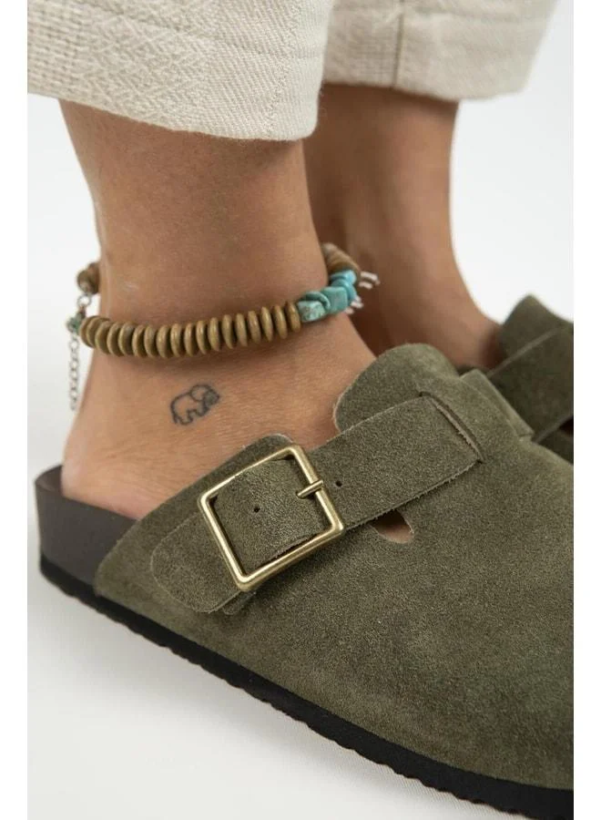 Manijero  Zeta 2 Women's Genuine Leather Clogs with Buckle and Belt, Khaki - Khaki for Women | Best Price UAE