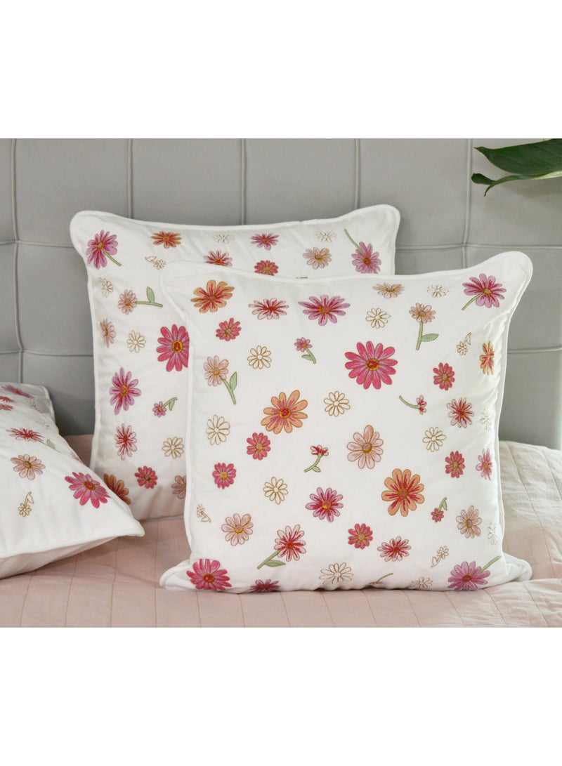GOLD MANTIS Set Of 1 Muti-Daisy Embroidery Cushion Cover 45x45cm (18x18) – Decorative Throw Pillow Cover, Polyester Velvet, Invisible Zipper, Wrinkle/Fade-Resistant, Washable, Square, (WHITE) - Image 1