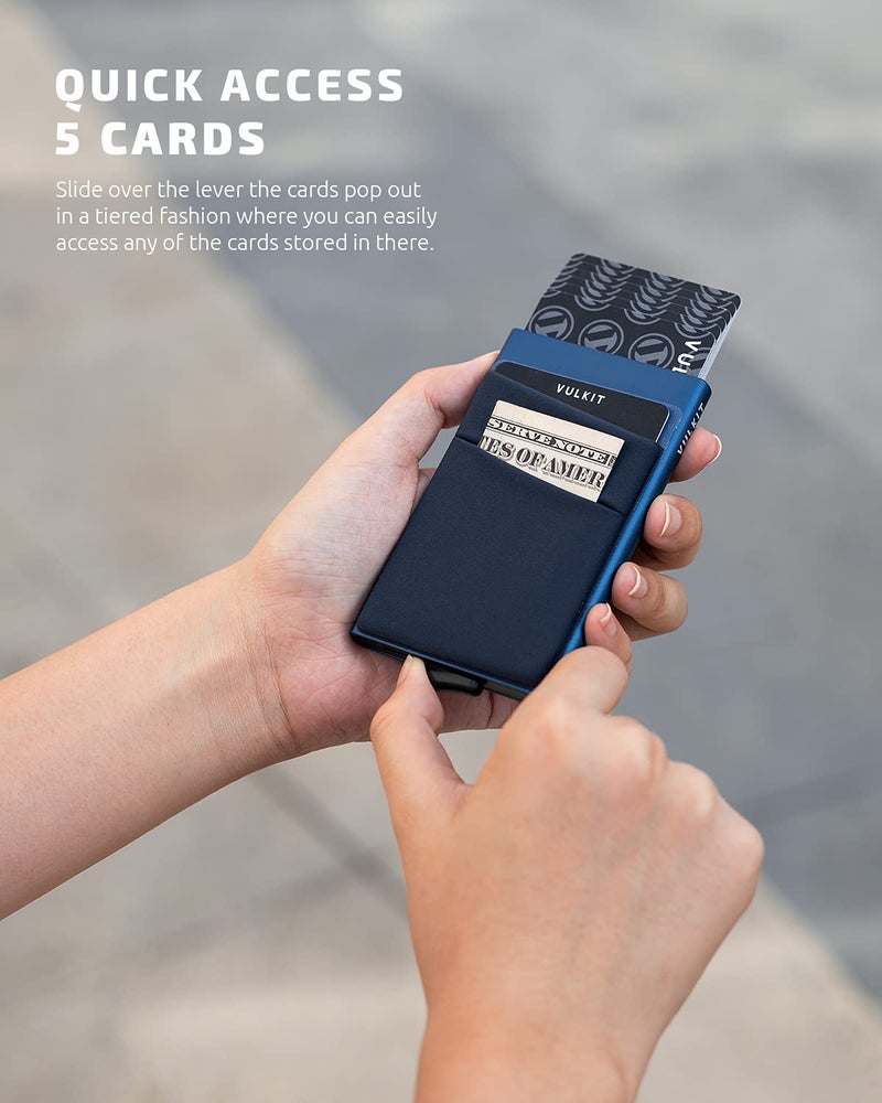 VULKIT Card Holder with Money Pocket Pop Up Wallet RFID Blocking Slim Metal Bank Card Case Holds 5 Cards and Notes (Navy) - Image 2