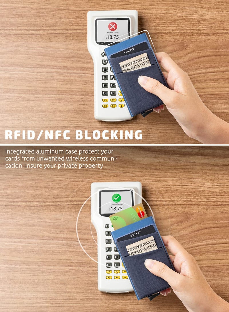 VULKIT Card Holder with Money Pocket Pop Up Wallet RFID Blocking Slim Metal Bank Card Case Holds 5 Cards and Notes (Navy) - Image 3