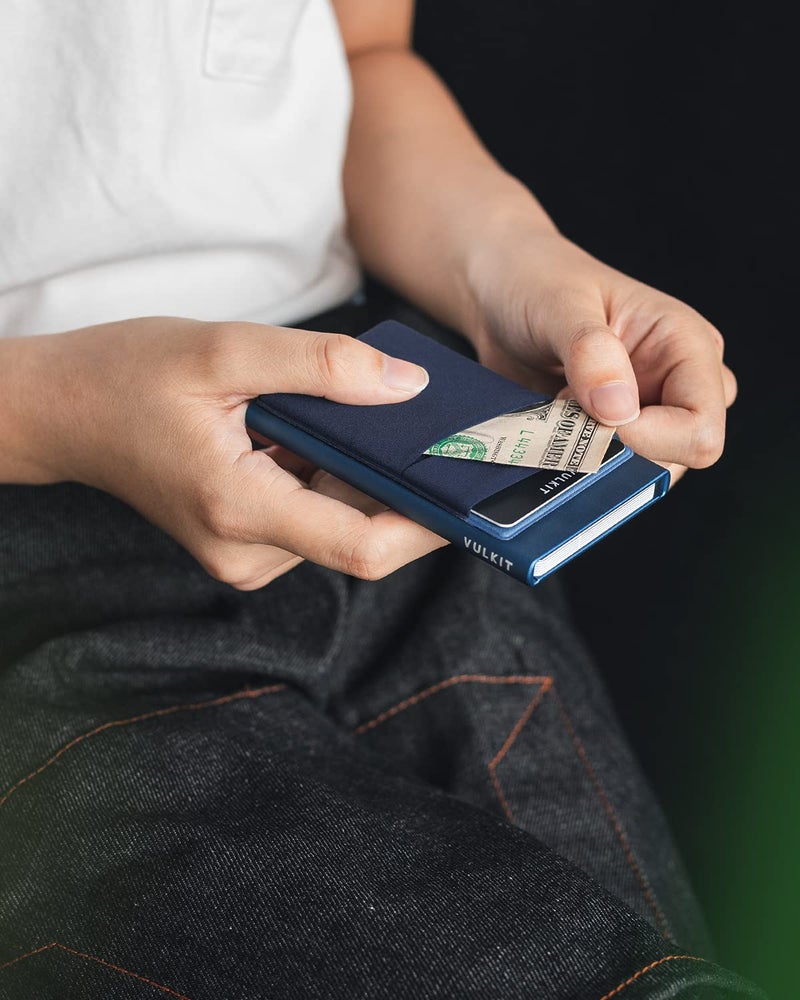 VULKIT Card Holder with Money Pocket Pop Up Wallet RFID Blocking Slim Metal Bank Card Case Holds 5 Cards and Notes (Navy) - Image 4