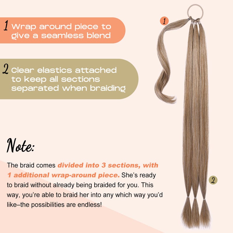 SEIKEA 2PCS Long Braid Ponytail Extension with Hair Tie Long Straight Wrap Around Hair Extensions Ponytail Soft Synthetic Hair Dark Blonde 26 Inch (After Braided 23 Inch) - Image 2