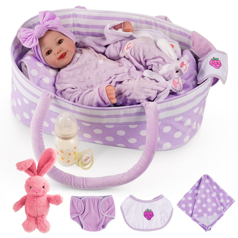BABESIDE Lifelike Reborn Baby Dolls with Bassinet 17 Inch Soft Body Realistic Newborn Real Life Girl Baby Dolls Soft Vinyl and Cloth Body with Basket Feeding Kit Gift Box for Kids Age 3 - Image 3