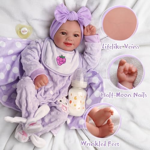 BABESIDE Lifelike Reborn Baby Dolls with Bassinet 17 Inch Soft Body Realistic Newborn Real Life Girl Baby Dolls Soft Vinyl and Cloth Body with Basket Feeding Kit Gift Box for Kids Age 3 - Image 5