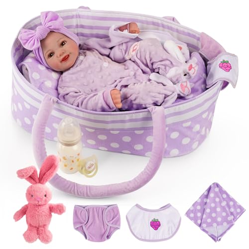 BABESIDE Lifelike Reborn Baby Dolls with Bassinet 17 Inch Soft Body Realistic Newborn Real Life Girl Baby Dolls Soft Vinyl and Cloth Body with Basket Feeding Kit Gift Box for Kids Age 3 - Image 1