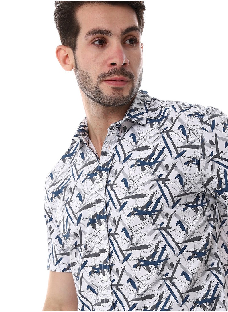 WHITE RABBIT - Self Pattern Turn Down Collar Shirt - White, Grey & Navy Blue - Image 1