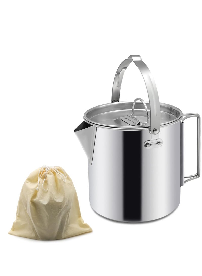 1.2L Camping Pot Stainless Steel Tea Kettle Outdoor Water Boiler Portable Kettle for Camping Bushcraft and Travel.