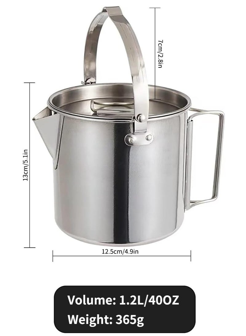 1.2L Camping Pot Stainless Steel Tea Kettle Outdoor Water Boiler Portable Kettle for Camping Bushcraft and Travel.