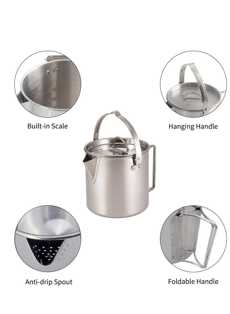 1.2L Camping Pot Stainless Steel Tea Kettle Outdoor Water Boiler Portable Kettle for Camping Bushcraft and Travel.
