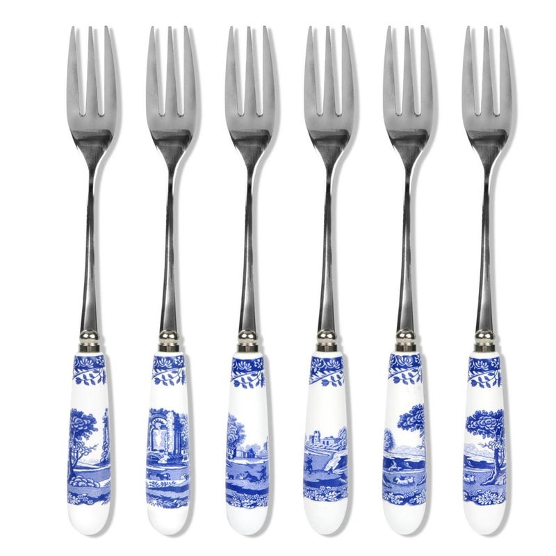 Spode Blue Italian Pastry Forks Set of 6 Stainless Steel Dessert Forks with Porcelain Handles Featuring Countryside Scene Gift Box Included for Dining Hosting For Appetizer Dessert