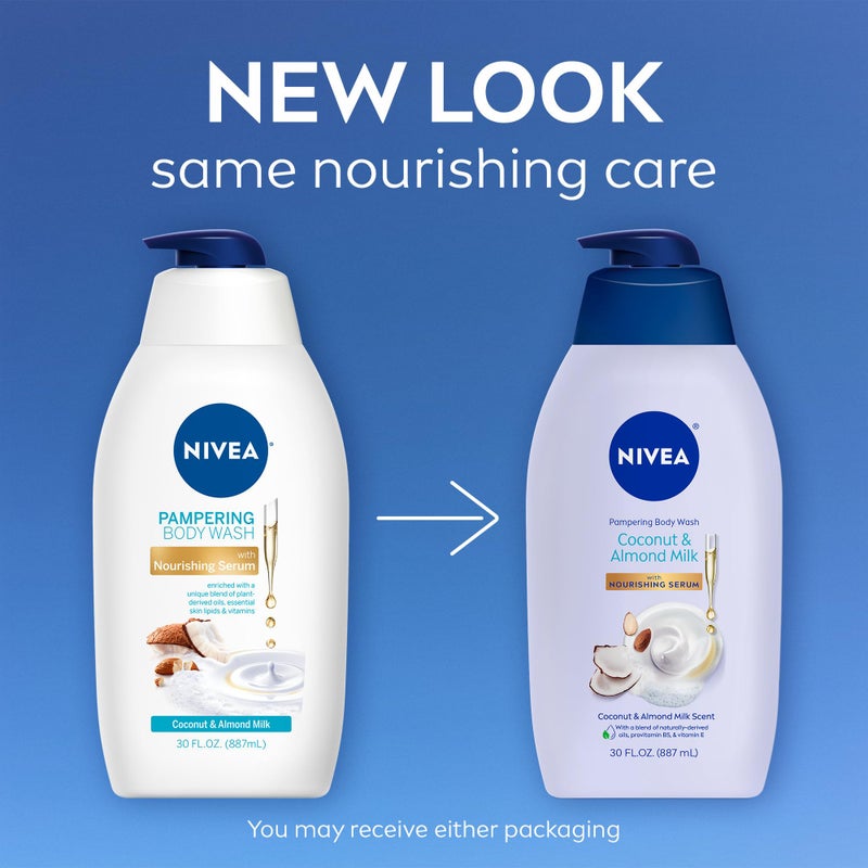 NIVEA Pampering Coconut and Almond Milk Body Wash with Nourishing Serum, Moisturizing Body Wash for Women, Enriched with Provitamin B5 and Vitamin E, 20 Fl Oz Bottle, Pack of 3 - Image 2