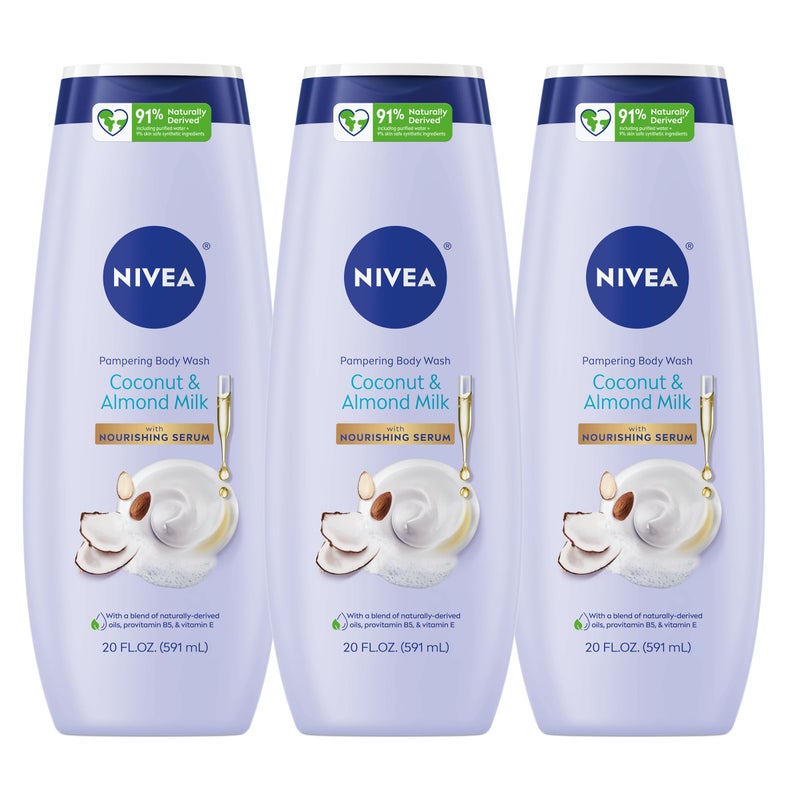 NIVEA Pampering Coconut and Almond Milk Body Wash with Nourishing Serum, Moisturizing Body Wash for Women, Enriched with Provitamin B5 and Vitamin E, 20 Fl Oz Bottle, Pack of 3 - Image 1