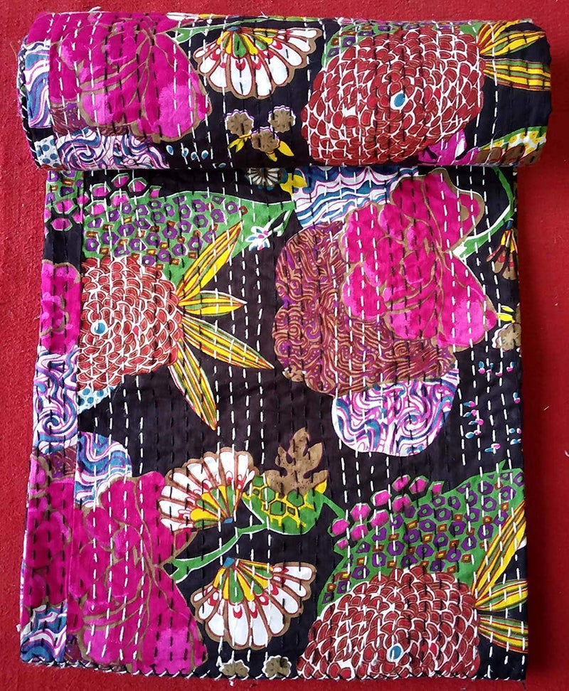 Textile art إبداعات الفن النسيجي إبداعات تقليدية عرقية قنثا هندية غطاء سرير مفرد زمردي من القطن فواكه استوائية مخيطة يدويًا إبداعات إبداعات 90x60 بوصة - Image 1
