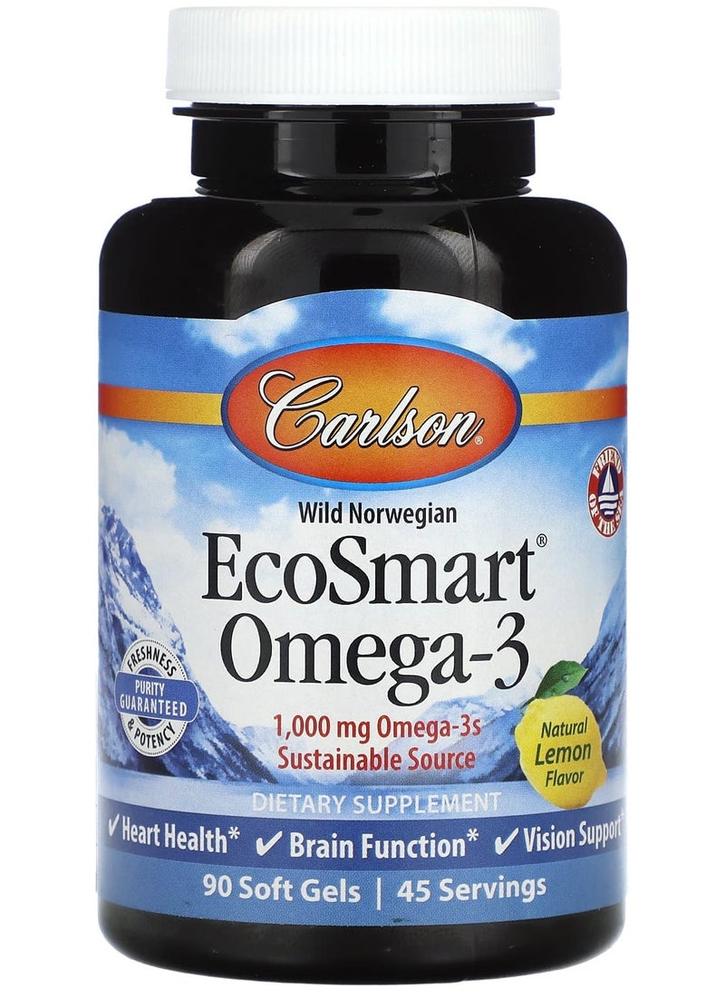 Wild Norwegian EcoSmart Omega-3, Natural Lemon, 1,000 mg, 90 Soft Gels (500 mg per Soft Gel)