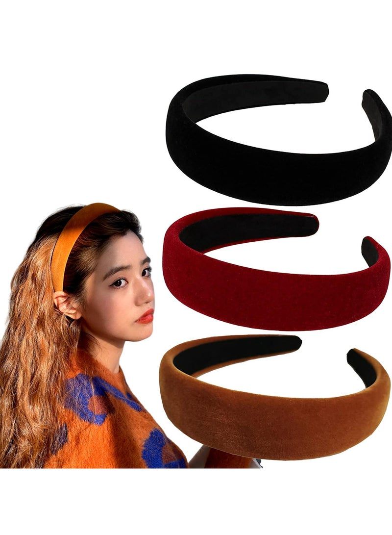 Loquat 3pcs Velvet Padded Headbands, Vintage Solid Color Hair Accessories for Women and Girls - Image 1