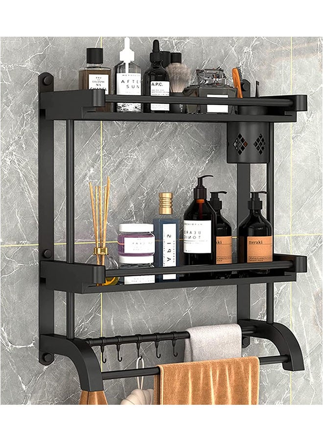 Hihonor - 2 Tier Bathroom Shelf with Towel Bar,Wall Mounted Bathroom Shelf with Cup Holder,Organize Toiletries for Home/Hotel/Apartment(Black 60cm) - Image 1