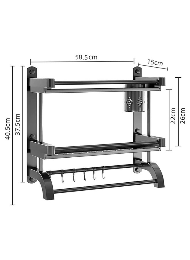 Hihonor - 2 Tier Bathroom Shelf with Towel Bar,Wall Mounted Bathroom Shelf with Cup Holder,Organize Toiletries for Home/Hotel/Apartment(Black 60cm) - Image 1