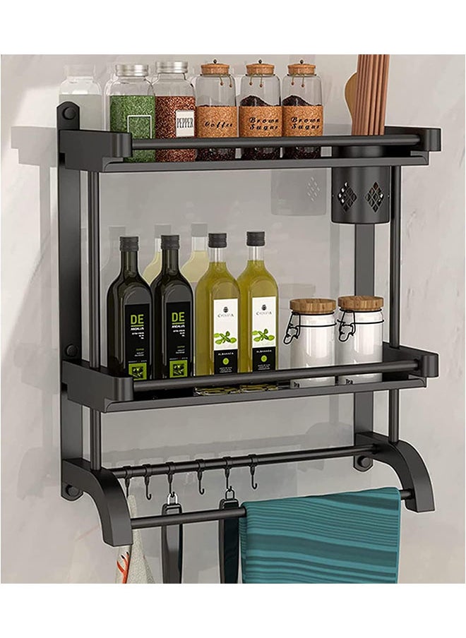 Hihonor - 2 Tier Bathroom Shelf with Towel Bar,Wall Mounted Bathroom Shelf with Cup Holder,Organize Toiletries for Home/Hotel/Apartment(Black 60cm) - Image 1