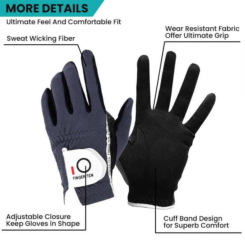 FINGER TEN Golf Gloves Men Right Left Handed Golfer Mens Glove RainGrip Hot Wet Weather Value 6 Pack, All Weather in Grey Medium/Large (Grey, Medium/Large, Left) - Image 3